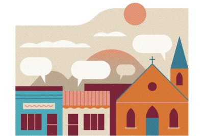 illustration of a small town with mountains and speech bubbles