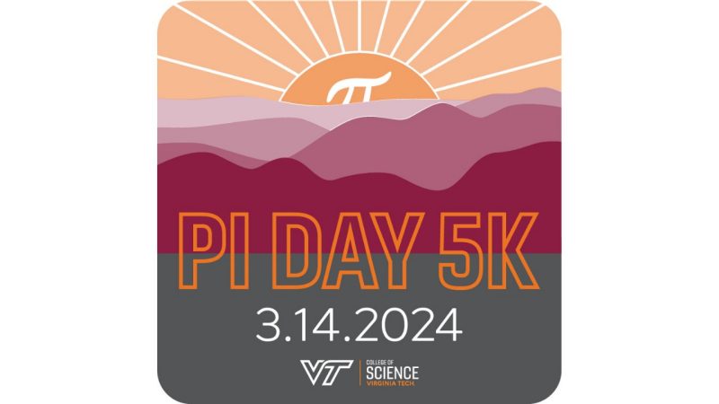 orange sunrise beams from behind mountains graphic with pi symbol in sun