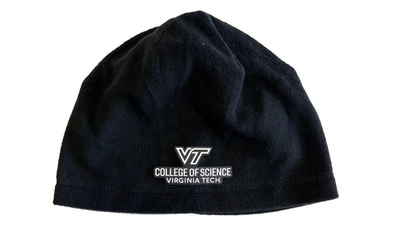 black fleece beanie hat with white VT College of Science logo