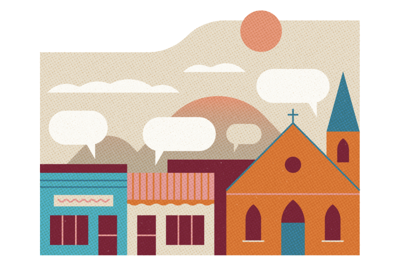 illustration of small town with mountains and speech bubbles