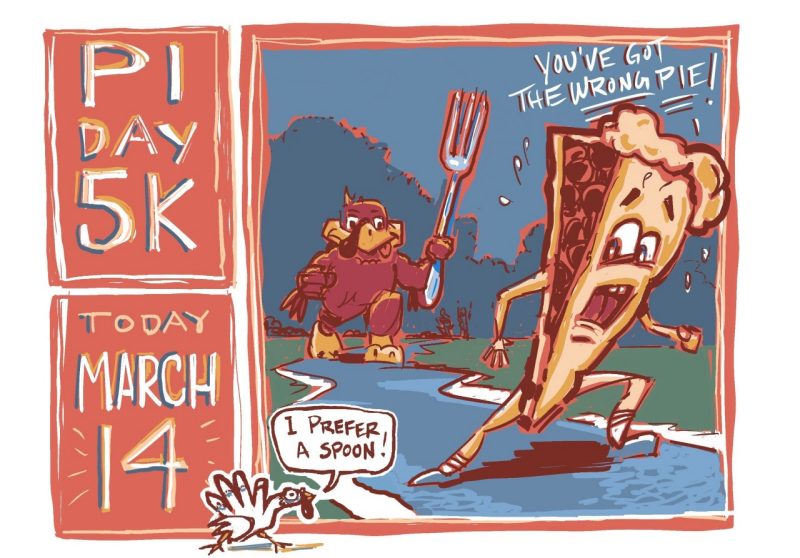 illustration of a slice of pie running away from the Hokie Bird for the Pi Day 5k