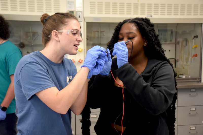 2 young women with nitrile gloves maneuver an electrical connection