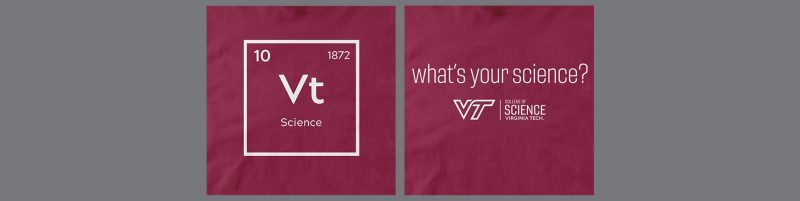 front and back views of "science" element tshirt with the words "what's your science?" on the back